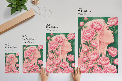 Poster Een vrouw te midden van roze pioenrozen tegen een groene achtergrond.
