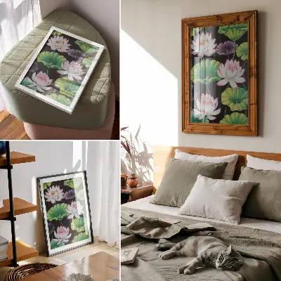 Decoratieve poster met natuurlijke bloemen en groene bladeren