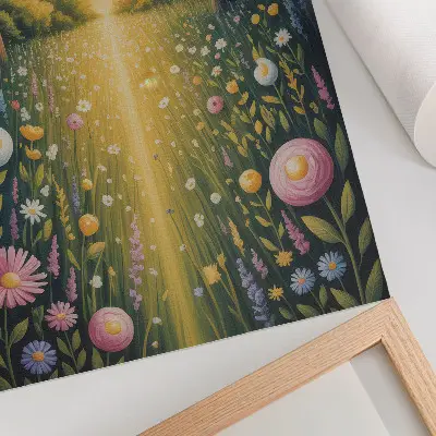 Wandposter bloemen langs het bospad met een frisse zon