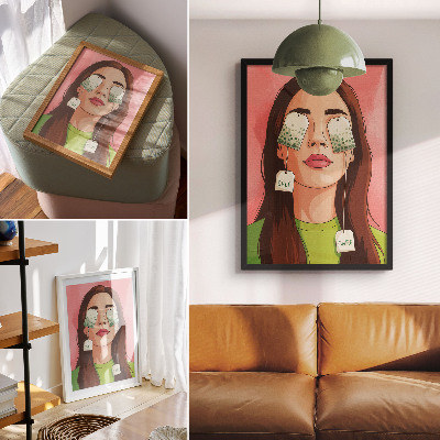 Decoratieve poster Kleurrijke achtergrond met groene details en een figuur met thee.