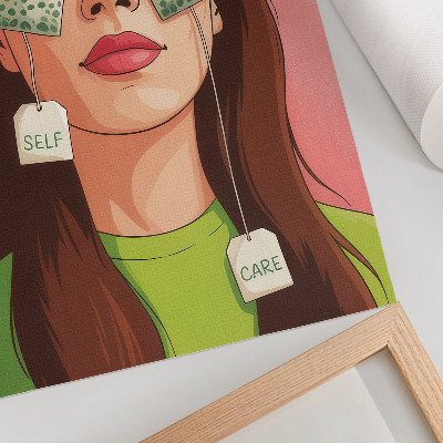 Decoratieve poster Kleurrijke achtergrond met groene details en een figuur met thee.