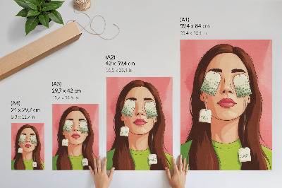 Decoratieve poster Kleurrijke achtergrond met groene details en een figuur met thee.