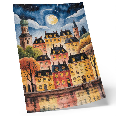 Decoratieve poster Een sfeervolle stad 's nachts met de maan aan de hemel.