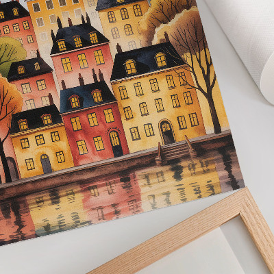 Decoratieve poster Een sfeervolle stad 's nachts met de maan aan de hemel.