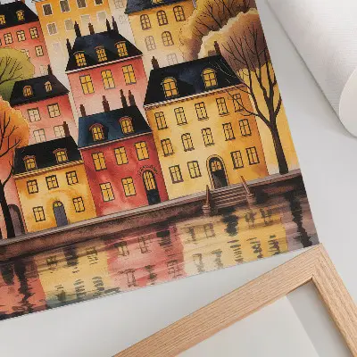 Decoratieve poster sfeervolle stad bij nacht met maan aan de hemel