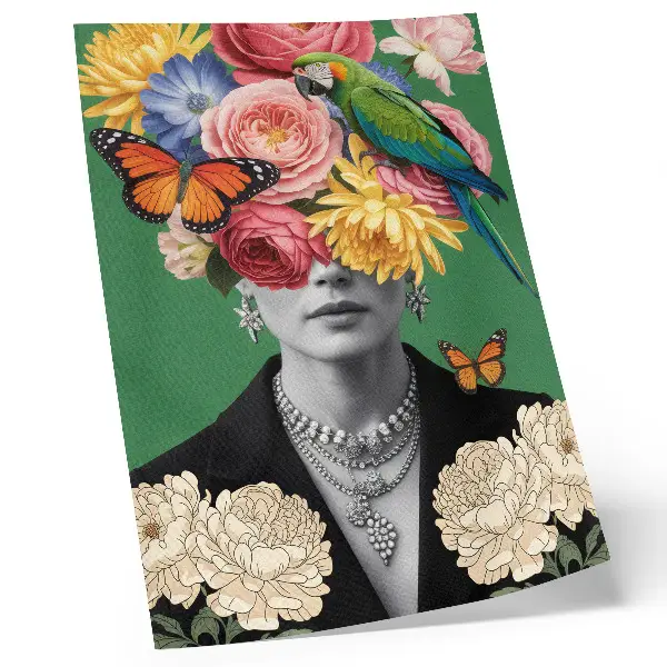 Wandposter met surrealistische afbeeldingen van bloemen, vogels, vlinders en elegante figuren