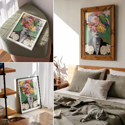 Wandposter met surrealistische afbeeldingen van bloemen, vogels, vlinders en elegante figuren