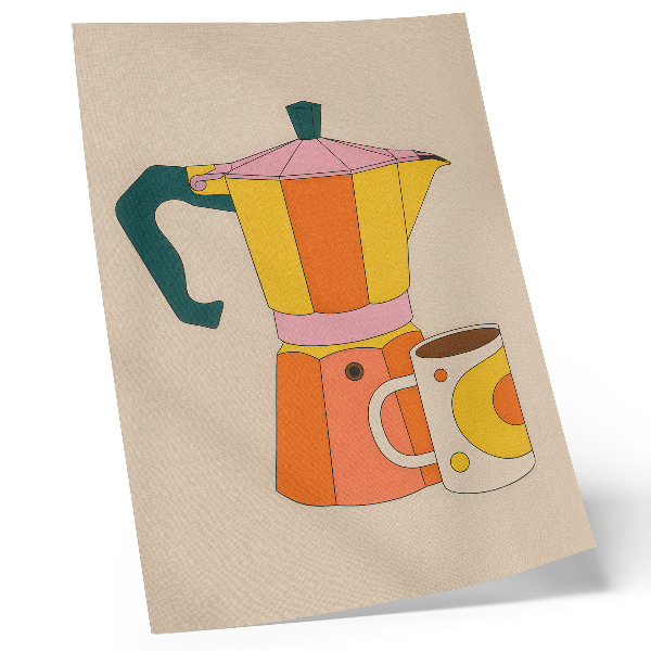 Decoratieve poster Geometrische koffiepot en mok, levendige en optimistische kleuren.