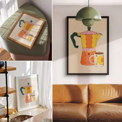 Decoratieve poster geometrische koffiepot en mok in levendige en optimistische kleuren