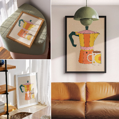 Decoratieve poster Geometrische koffiepot en mok, levendige en optimistische kleuren.