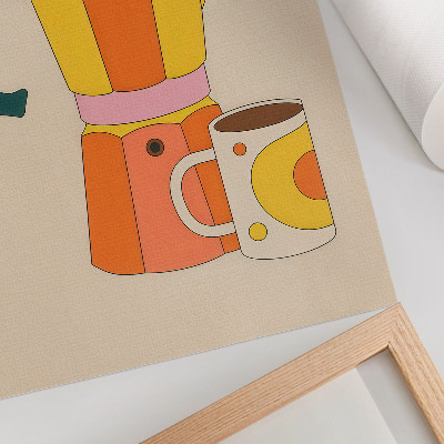 Decoratieve poster Geometrische koffiepot en mok, levendige en optimistische kleuren.