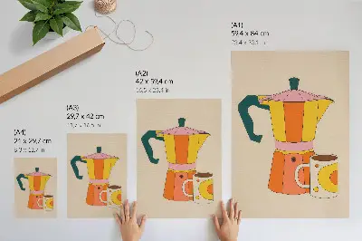 Decoratieve poster geometrische koffiepot en mok in levendige en optimistische kleuren