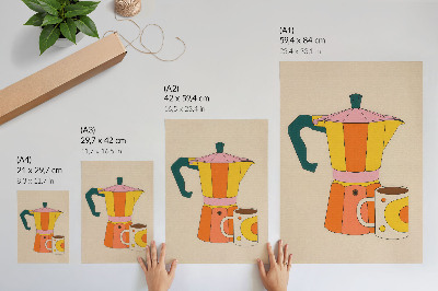 Decoratieve poster Geometrische koffiepot en mok, levendige en optimistische kleuren.