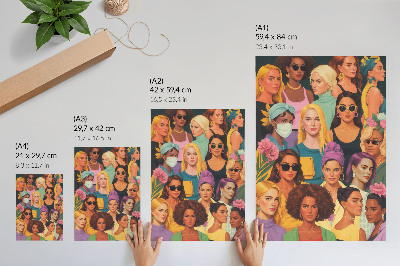 Wandposter Kleurrijke portretten van vrouwen met diverse modieuze kapsels.