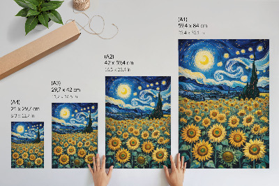 Decoratieve poster Een veld vol zonnebloemen onder een sterrenhemel.