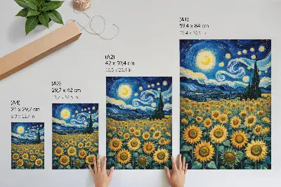 Decoratieve poster veld met zonnebloemen onder een sterrenhemel