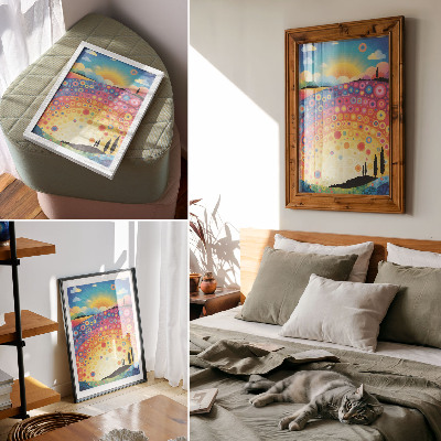 Wandposter Energieke regenboogcirkels tegen de achtergrond van een zonsondergang.