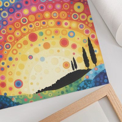Wandposter Energieke regenboogcirkels tegen de achtergrond van een zonsondergang.