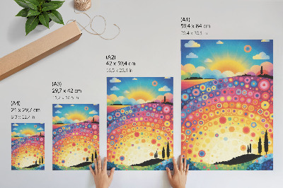 Wandposter Energieke regenboogcirkels tegen de achtergrond van een zonsondergang.