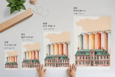 Decoratieve poster met klassieke gebouwen en kleurrijke silo's