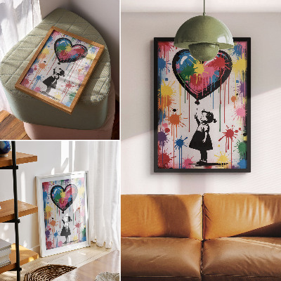 Wandposter Zwart-wit figuur met een kleurrijk graffiti hart.