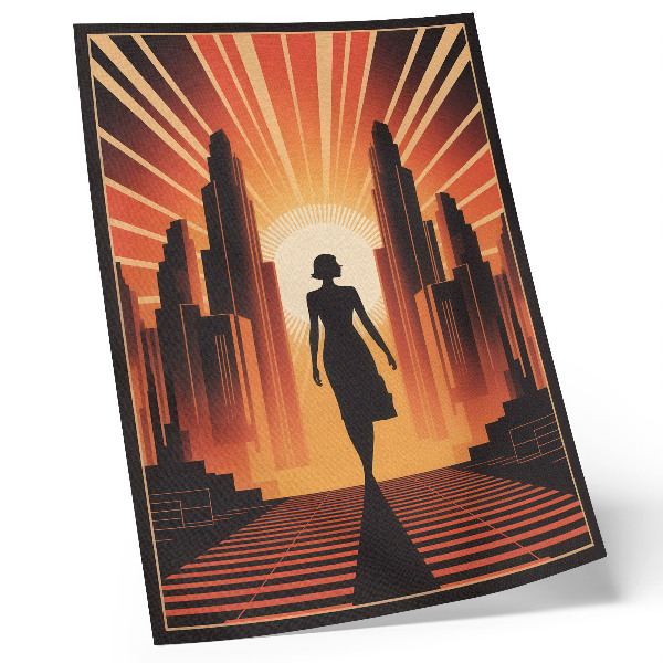 Poster Stadssilhouet oranje licht vrouw