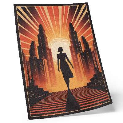Poster Stadssilhouet oranje licht vrouw