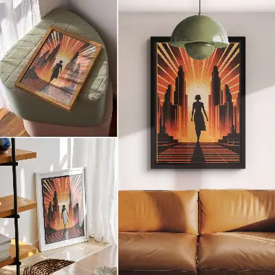 Poster stadssilhouet met oranje licht en een vrouw