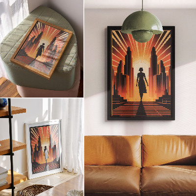Poster Stadssilhouet oranje licht vrouw