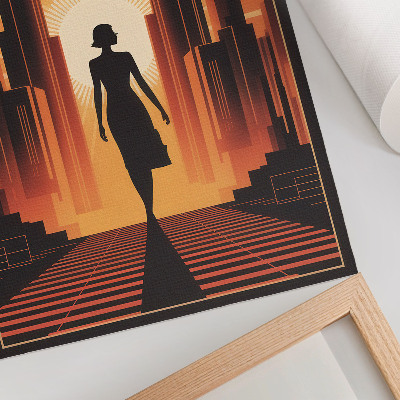 Poster Stadssilhouet oranje licht vrouw