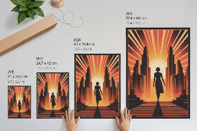 Poster Stadssilhouet oranje licht vrouw