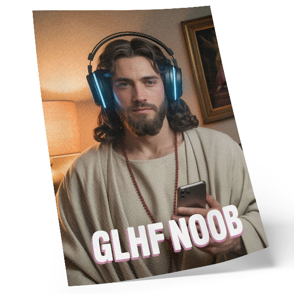 Decoratieve poster Man met koptelefoon, smartphone, rozenkrans, inscriptie
