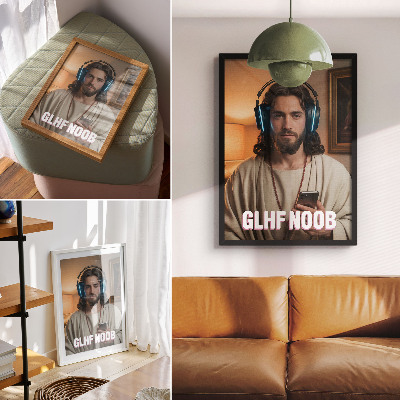 Decoratieve poster Man met koptelefoon, smartphone, rozenkrans, inscriptie