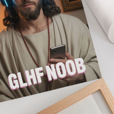 Decoratieve poster Man met koptelefoon, smartphone, rozenkrans, inscriptie