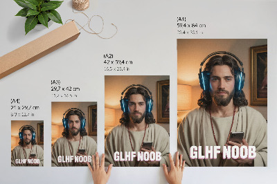 Decoratieve poster Man met koptelefoon, smartphone, rozenkrans, inscriptie