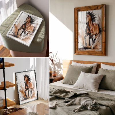 Decoratieve poster Paarden in beweging met beige vlekken op de achtergrond.