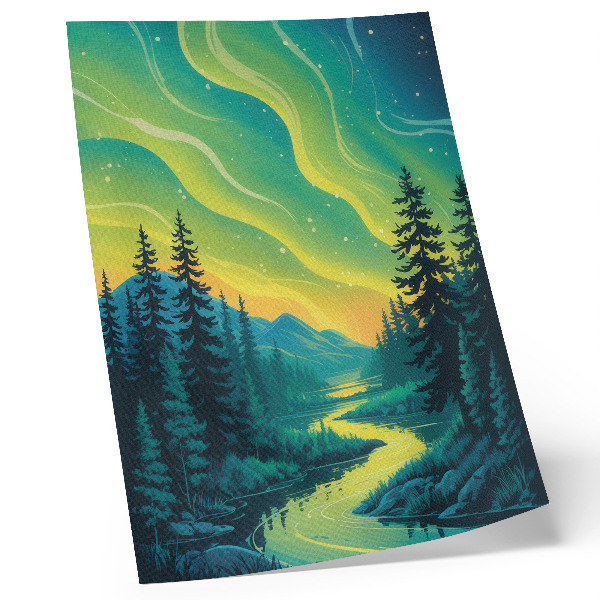 Wandposter Aurora tegen de achtergrond van het bos en de rivier, harmonieuze kleuren.