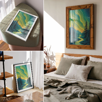 Wandposter Aurora tegen de achtergrond van het bos en de rivier, harmonieuze kleuren.
