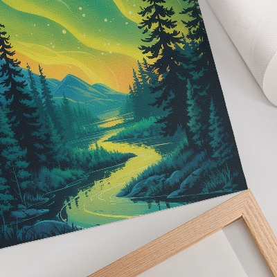 Wandposter Aurora tegen de achtergrond van het bos en de rivier, harmonieuze kleuren.