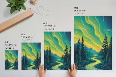Wandposter Aurora tegen de achtergrond van het bos en de rivier, harmonieuze kleuren.