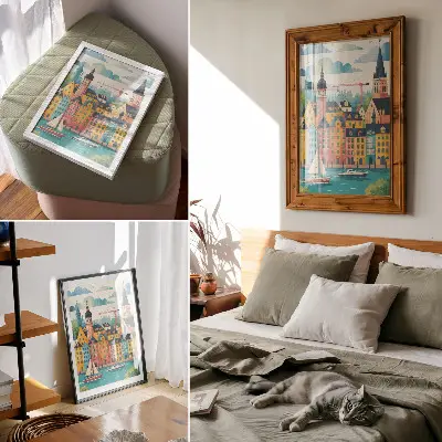 Decoratieve poster kleurrijke gebouwen bij kalm water in een mild klimaat