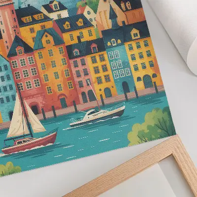 Decoratieve poster kleurrijke gebouwen bij kalm water in een mild klimaat