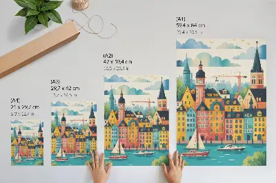 Decoratieve poster kleurrijke gebouwen bij kalm water in een mild klimaat