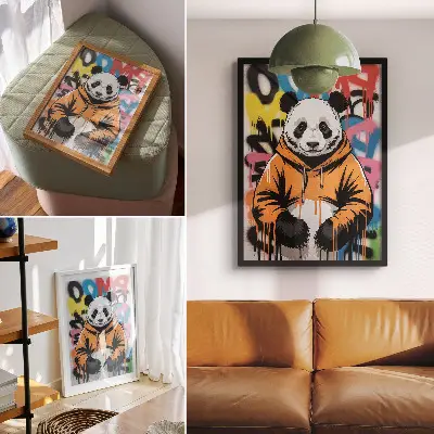 Poster panda in een sweatshirt met graffiti in streetstyle