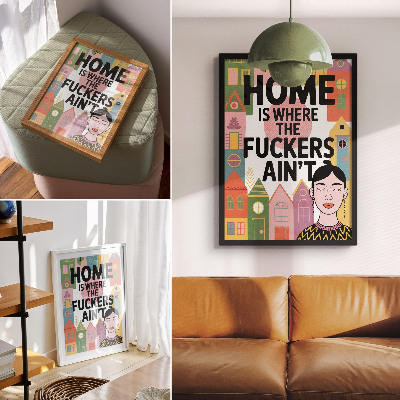 Decoratieve poster Kleurrijke geometrische huizen kijken naar gesloten ogen.