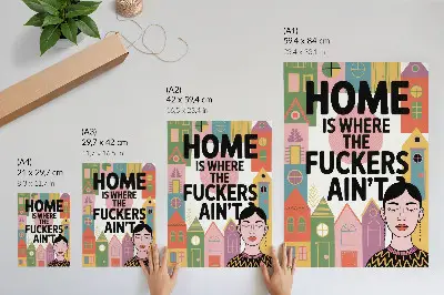Decoratieve poster met een kleurrijke geometrische illustratie van huizen en gesloten ogen