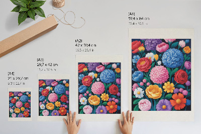 Wandposter Illustratie van kleurrijke bloemen op een groene achtergrond