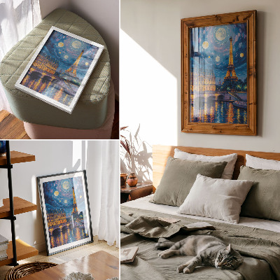 Wandposter Parijs 's nachts, volle maan, Eiffeltoren