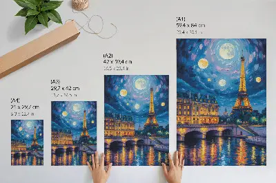 Wandposter Parijs bij nacht met volle maan en de Eiffeltoren