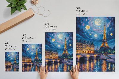 Wandposter Parijs 's nachts, volle maan, Eiffeltoren